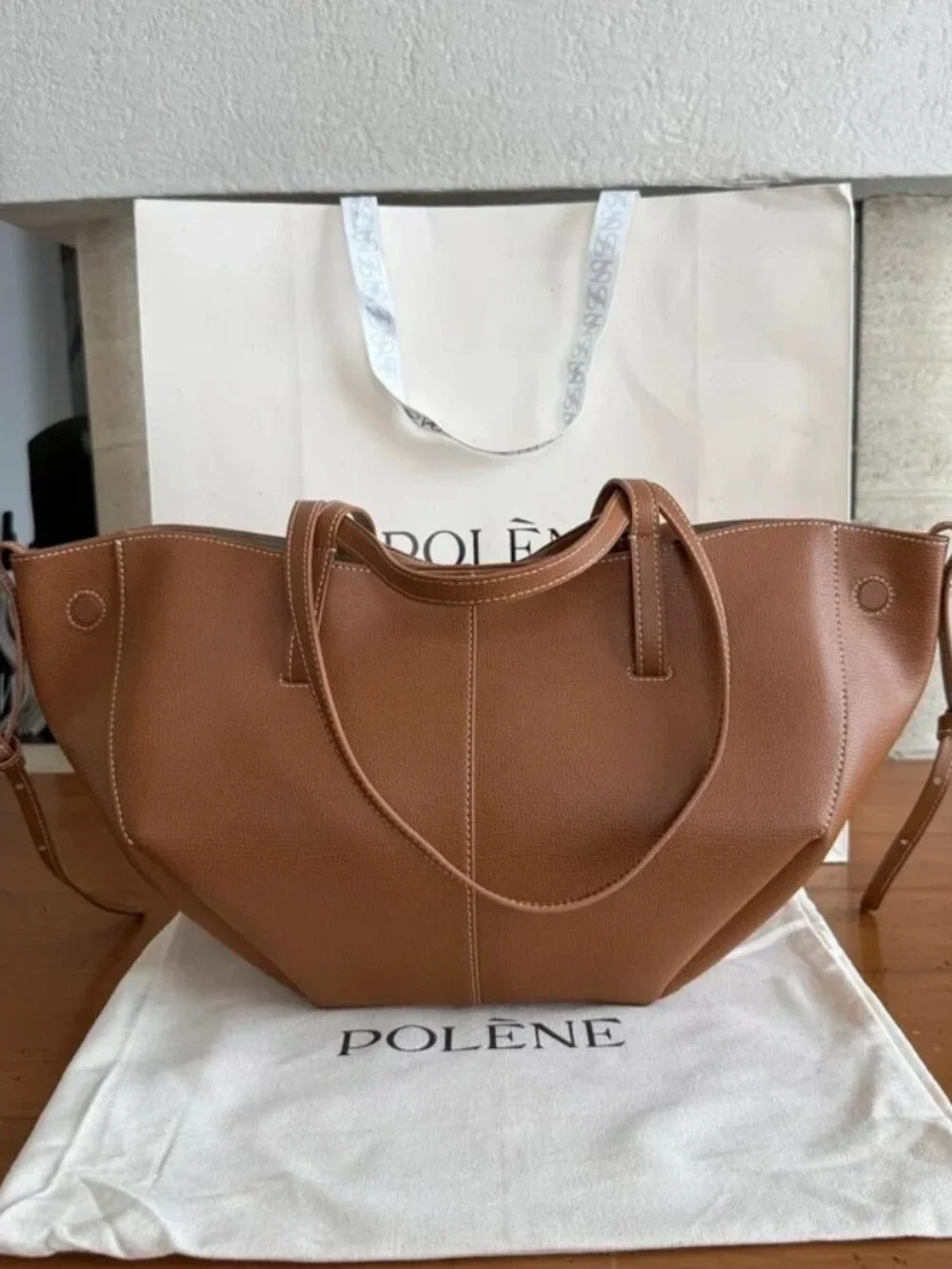 Polene Cyme Mini Textured Camel Leather Tote